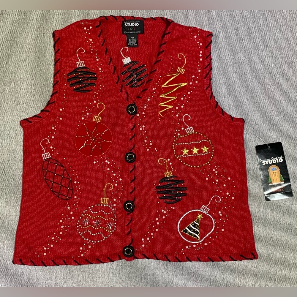 Vintage Red Christmas Ornament Sweater Vest Beaded Size Petite M
